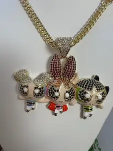 Powerfuff Girls Pendant and Necklace Set with Sparkling Charms and Gold Chain Design