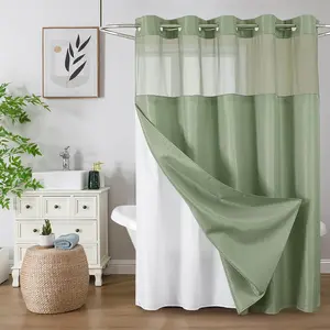 No Hook Heavy Duty Thick Waffle Weave Shower Curtain with Snap-in Fabric Liner, Mesh Top Window, Hotel Style Waterproof Bathroom Curtain Set, 72'' x 75'', Sage Green