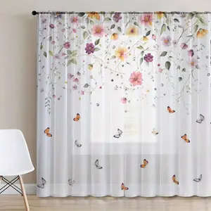 2pcs butterfly and floral pattern printed curtains, high-definition digital printed curtains, pole pocket installation, 100% polyester material, suitable for all seasons, filter proof, privacy proof, UV resistant decorative curtains, Window Curtain