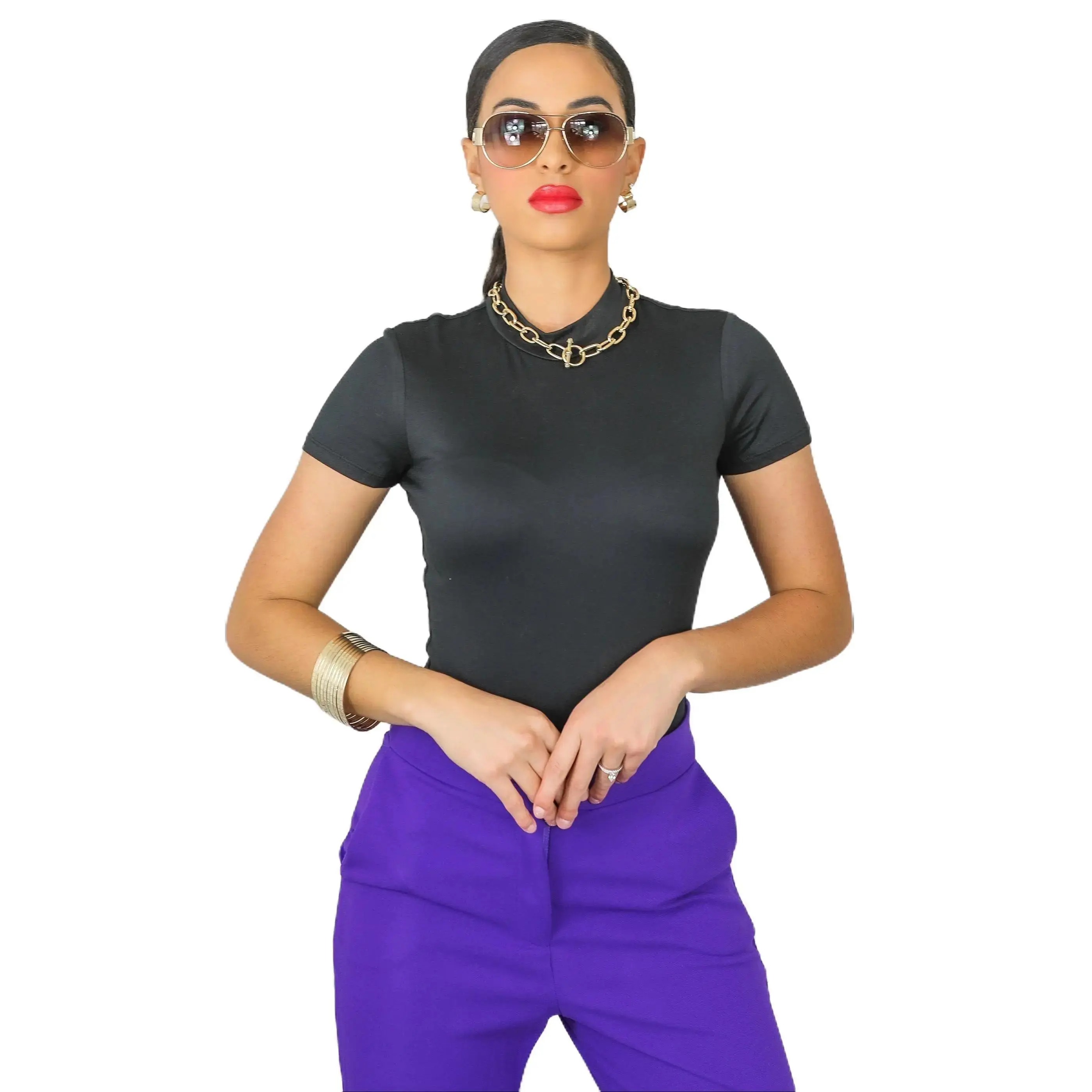 Classic Ride Mock Neck Double Layered Bodysuit Comfy Fabric Shortsleeve Soft