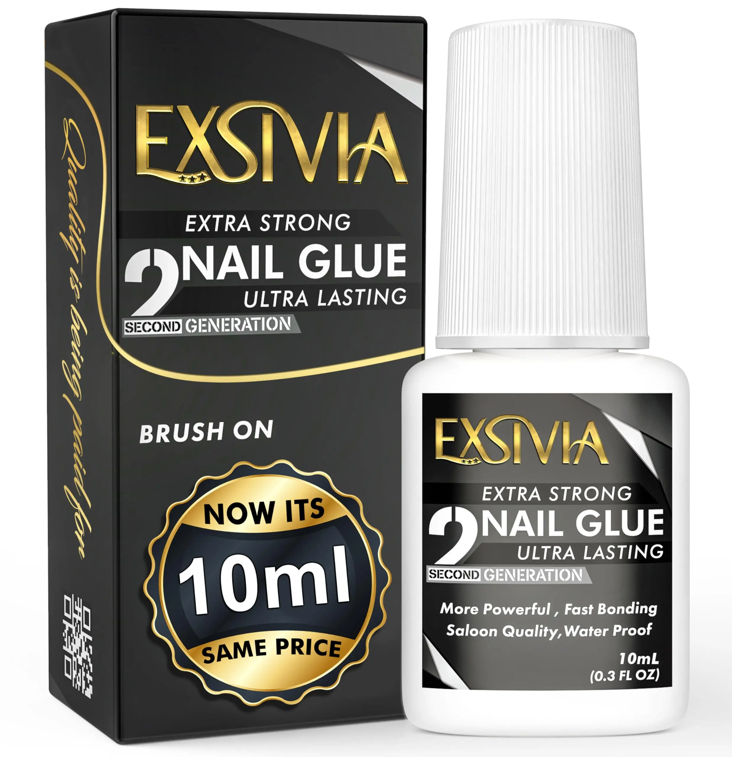 Super Strong Nail Glue for Press On Nails, Acrylic Nails & Nail Tips (10ml) Exsivia 2nd Gen NailBond for Fake Nails, Extra Strength,Long Lasting, Brush on Adhesive, No Dehydrator or Primer Needed