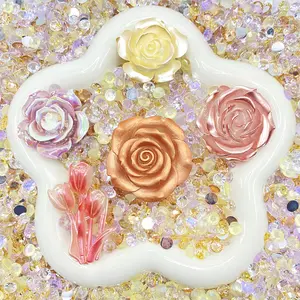 Silk Dream -  Rose Mix - Floral Resin Cabochon Mix with Rhinestones – Assorted Flower Resin Charms for Whipped Cream Glue, Resin Art & Mirror Decoration