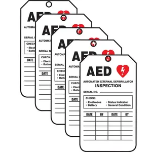 TRS345CTM PF-Cardstock Inspection & Status Record Tag, Legend "AED AUTOMATED External", 5.75" Length x 3.25" Width x 0.010" Thickness, Red/Black on White (Pack of 5)