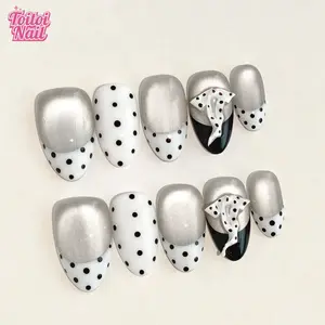10pcs Handmade Cat Eye Polka Dot Bow Press-On Nails | Short Almond Shape | Retro Y2K Trendy Cute Design | Shiny Glossy Cat Eye Finish | Reusable DIY Nail Kit for Women | Fashion Nails for Daily Wear, Party, Vacation & Everyday Use
