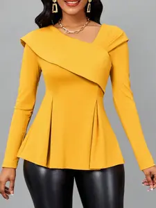 A women's bright yellow asymmetrical waist umbrella long-sleeved top, commuting fashion style slim design shirt Blouse, suitable for autumn and winter, suitable for daily going out, light parties, light socializing in the workplace, etc.