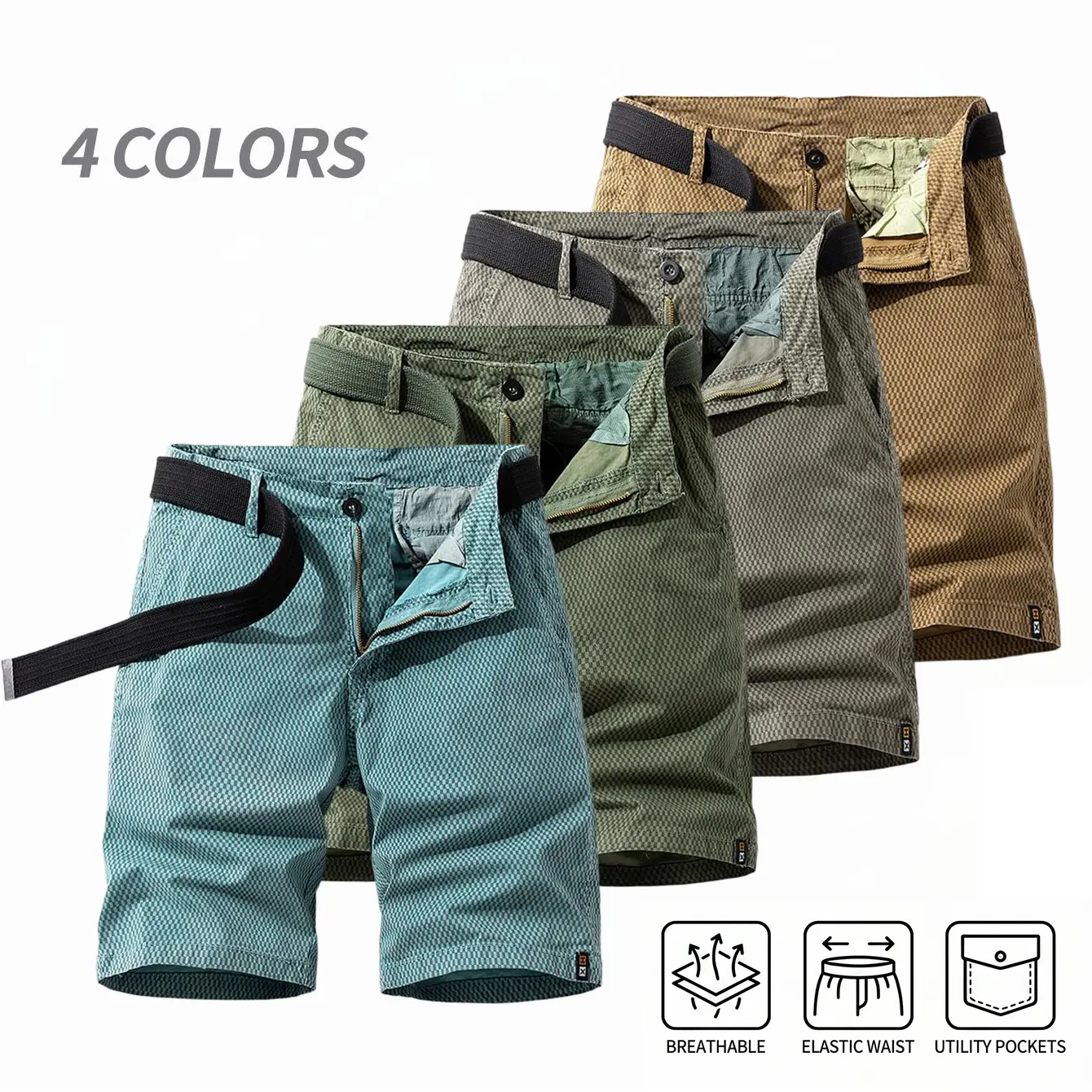 American vintage fine plaid cargo shorts — breathable textured fabric, loose casual men’s shorts at mid-thigh length
