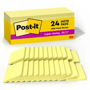 Post-it Super Sticky Notes 3x3 Inches Canary Yellow 24 Pads 90 Sheets Each Strong Adhesive Memo Pads for Office School Home Organization