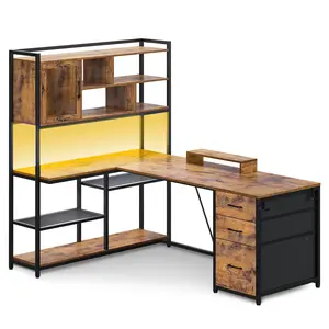 58 Inches L Shaped LED Gaming Desk Brown