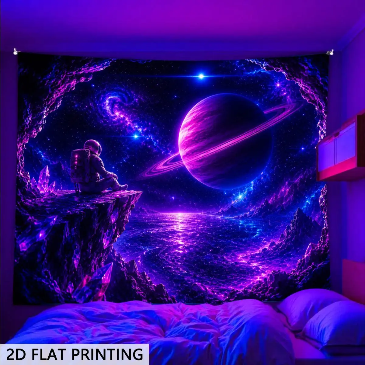 2D Flat Glow-in-the-Dark Galactic Painting Tapestry Wall Hanging - UV Blacklight Reactive Vertical Peel Skin Fabric with Astronaut Galaxy Design for Bedrooms, Sci-Fi Parties | Home Decor for Dorms, Galactic Painting Tapestries