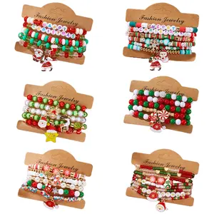 New Christmas Paper Card Bracelet Set - Women's Rice Bead Crystal Polymer Clay Bracelet, Bead Bracelets, Fashionable and Versatile, Enhancing Temperament, Suitable for Party Accessories, Christmas Holiday Jewelry