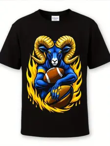 Men's Heavyweight Cotton Football & Ram T-Shirt - 180g Crew Neck Casual Tee Suitable for Football Fans, Breathable Short Sleeve Shirt with Ram & Soccer, Ideal Gift for Men's Clothing (Men's T-Shirt), PLUS SIZE