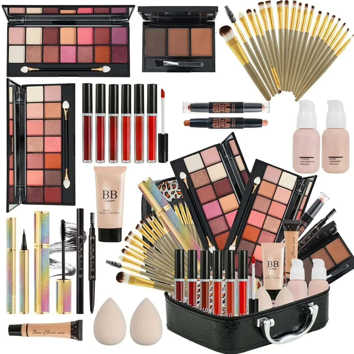 Women's Aluminum-Free All-in-1 Glossy Makeup Kit - Basic Adults' Set for Daily/Party Glam, Includes Eyeshadow Palette, Foundation, Lip Gloss, Eyeliner, Mascara, Makeup Brushes Set, Ideal On-the-Go Gift for Girlfriend (All Skin Types, Christmas, Birthday)
