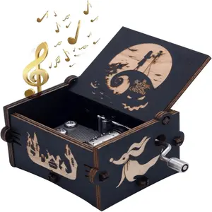 1PC Funny Wooden Hand Crank Music Box, Engraving Nightmare Musical Box Melody Plays This is Halloween Christmas Decor for Halloween Thanksgiv