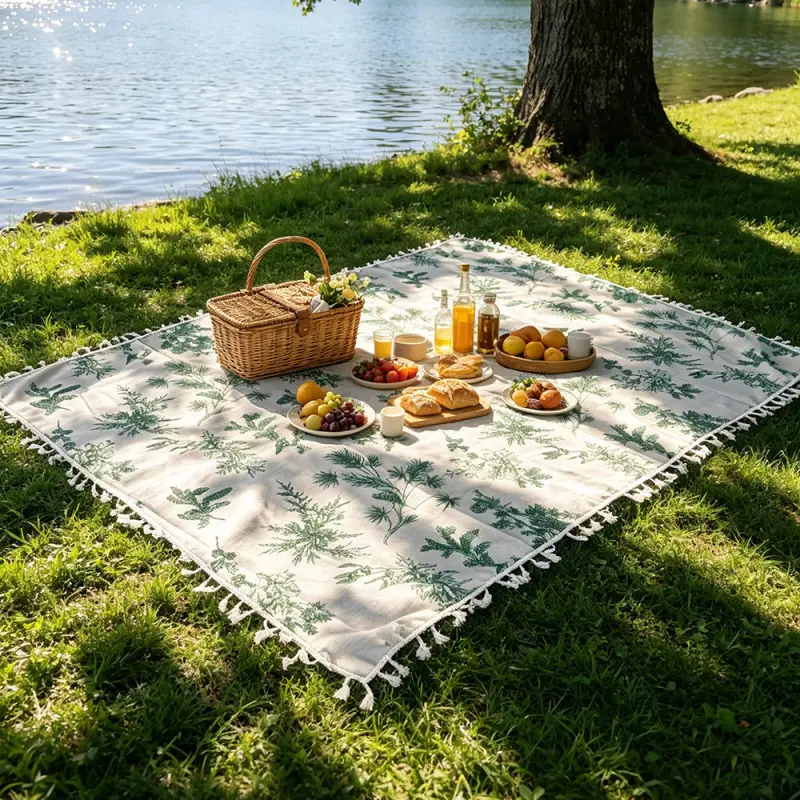 Ins Style Tassel Fringe Foldable Picnic Blanket - Vintage Green Plant-Print, Portable Water-Safe Camping Mat for Lake, Lawn (Sports & Outdoor, Camping & Hiking, Picnicware), Foldable Picnic Blankets, Water-Safe Picnic Blankets