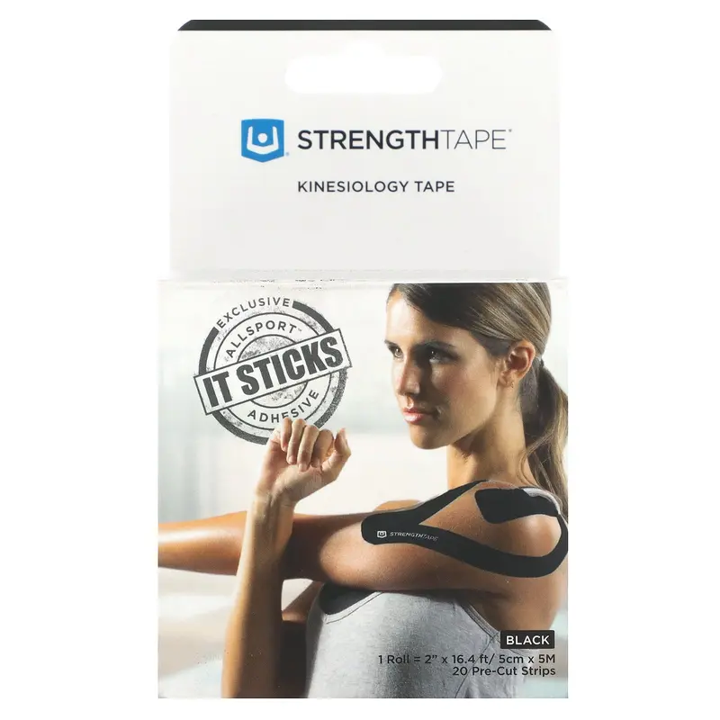 Strengthtape Kinesiology Tape, Black, 20 Pre-Cut Strips
