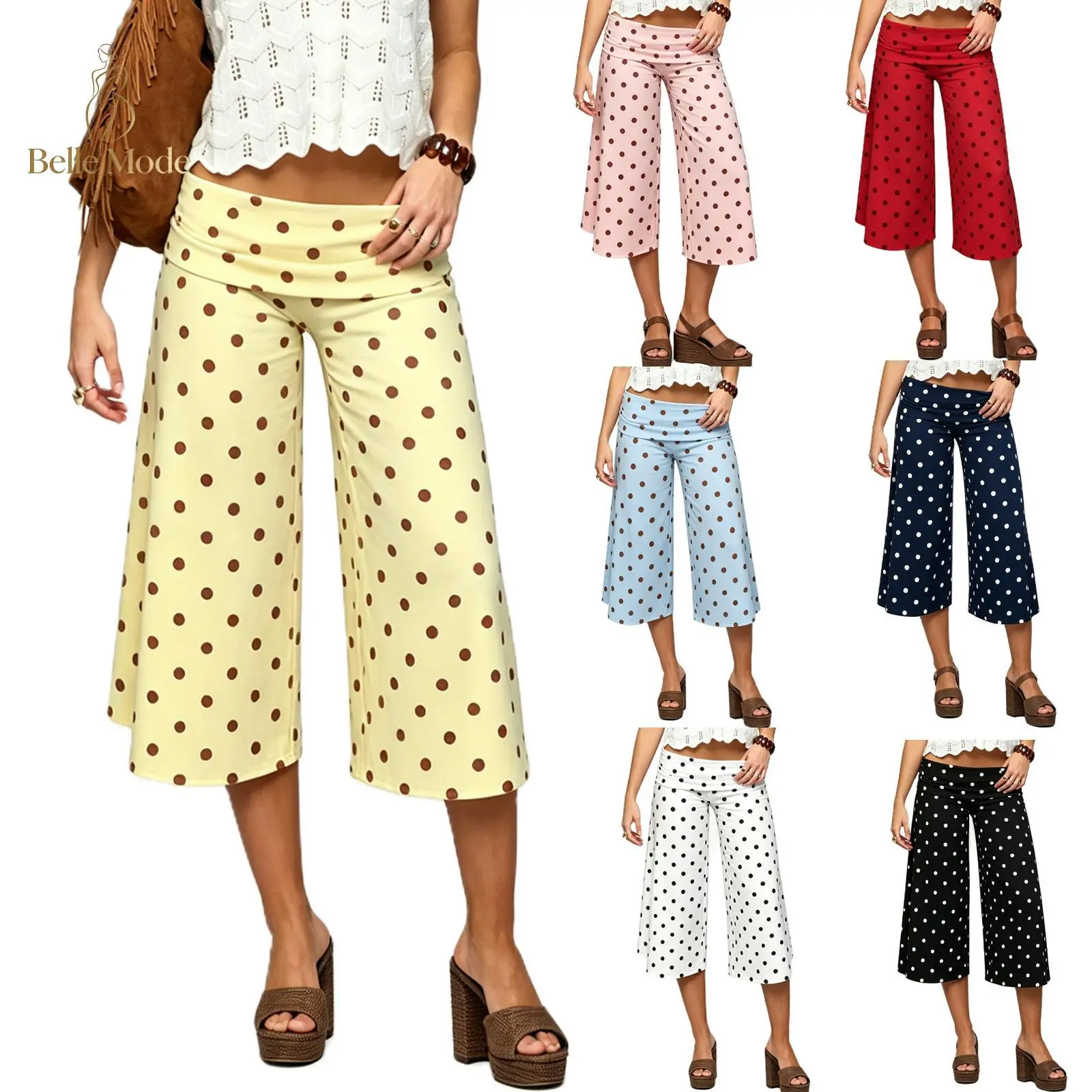 Women's Fold Over Capri Pants Low Rise Wide Leg Gaucho Pants Summer Casual Cropped Yoga Culottes Pajama Bottoms
