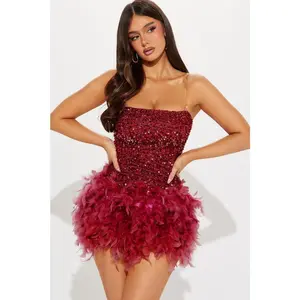 Zoey Feathered Sequin Mini Dress - Wine