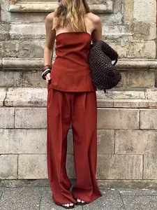 Pure Color Basic Simple Halter Top with Drapey Wide Leg Pants Casual Versatile Fitted Set, Women's Fashion Chic Aesthetic for Daily Wear