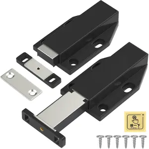 Touch Latch  Heavy Duty Push Open Cabinet Hardware Magnetic Push Spring Latch for Large Door Release Latch Pop up Hidden Door Catch Cabinet Magnets Push Close for Cupboard Drawer (Black, 2 Pack)