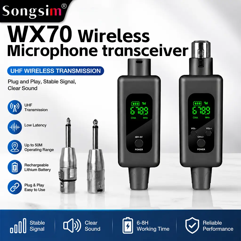 Songsim-WX70 Adjustable Wireless Audio Transceiver Easily converts wired audio gear to wireless. Features switchable 0V/48V phantom power and XLR/6.35mm adapters. Perfect for dynamic/condenser mics, electric guitars, bass, and other instruments.