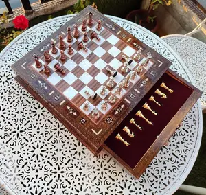 Luxury Handmade Birthday Gift Chess Set, Personalized Wooden Chess Board with Storage Metal Chess Piece, Decorative Chess for New Home Tabletop Games
