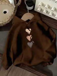 Women's Casual Fashion Loose Cartoon Heart Pattern Print Knit Hoodie, Sweatshirts, Fitted Style, Moderate Fabric, Fall & Winter Wear