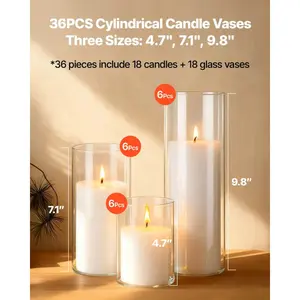 VEVOR Pillar Candles and Glass Vases Set 36 Pcs, Clear Cylinder Hurricane Candle Holders for Wedding Centerpieces, Tall Vase for Table Decor, Wedding Party, Thanksgiving, White (3.4x 4.7, 7.1, 9.8)