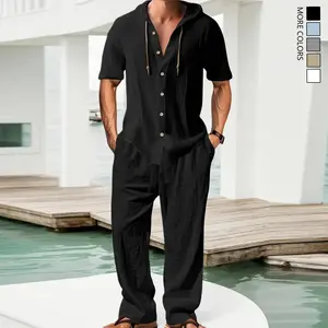 Men's Linen Set Short Sleeve Hooded Shirt and Pants 2 Piece Outfit Casual Button Down Shirt Set for Summer Beach