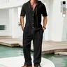 Men's 2-Piece Loose-Fitting Linen Clothing Set - Shortsleeve Hooded Button-Down Shirt & Plain Straight Pants, Minimalist Casual Beach Holiday Menswear for Easy Movement