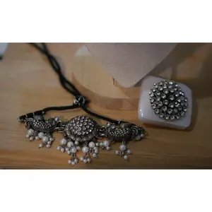 Antique Oxidized Silver Necklace with Decorative Elements and Beads