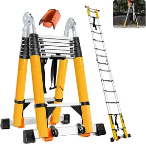 18FT Telescoping Aluminum A-Frame Ladder - EN131 Approved, 330lbs Capacity, Foldable to 39", w. Balance Bars & Wheels, Portable Metal Ladder for Car Trunk, 7+7 Foot Adjustable Step Ladders