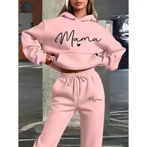 Women's Hooded Sweatshirt Set, Fall Winter Geometric Print, Sweet Mama Heart Design, Casual Fitted Tops & Sweatpants