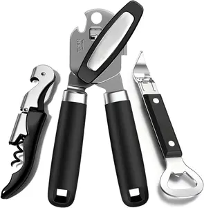 3PCS Can Opener Manual & Bottle Opener & Wine Opener, Smooth Edge Can Openers with Strong Magnet, Heavy Duty Stainless Steel Abrelatas Handheld Waiter Corkscrew (Black)