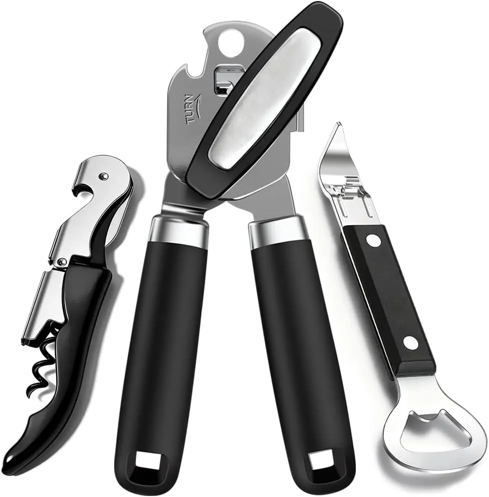 3PCS Can Opener Manual & Bottle Opener & Wine Opener, Smooth Edge Can Openers with Strong Magnet, Heavy Duty Stainless Steel Abrelatas Handheld Waiter Corkscrew (Black)