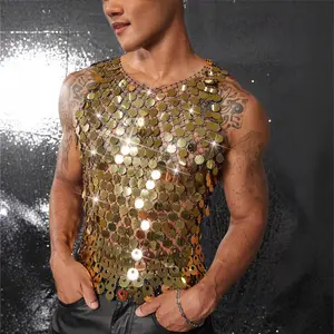 Mens Sparkly Mesh Tank Top Rhinestone See Through Clubwear Sexy Hollow Out Party Outfit Festival Stage Fashion Statement