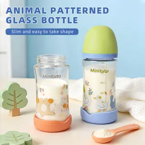 HOTMIR 240ML Baby Glass Bottle  Wide Mouth for Easy Cleaning  With Silicone Base Protective Cover and Cartoon Print  Feeding Essential