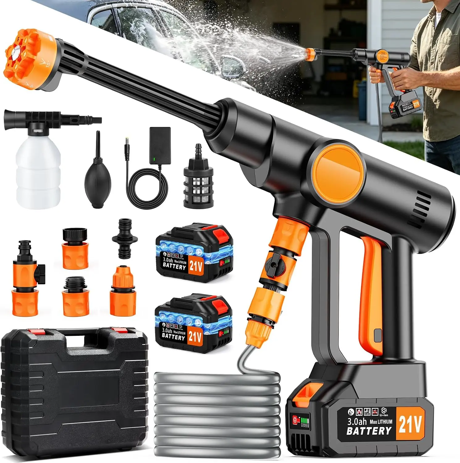 Cordless Portable Pressure Washer, Battery-Operated Handheld Cleaner with 6-in-1 Nozzle, Foam Pot, Lightweight Outdoor Tool for Car, Home Use