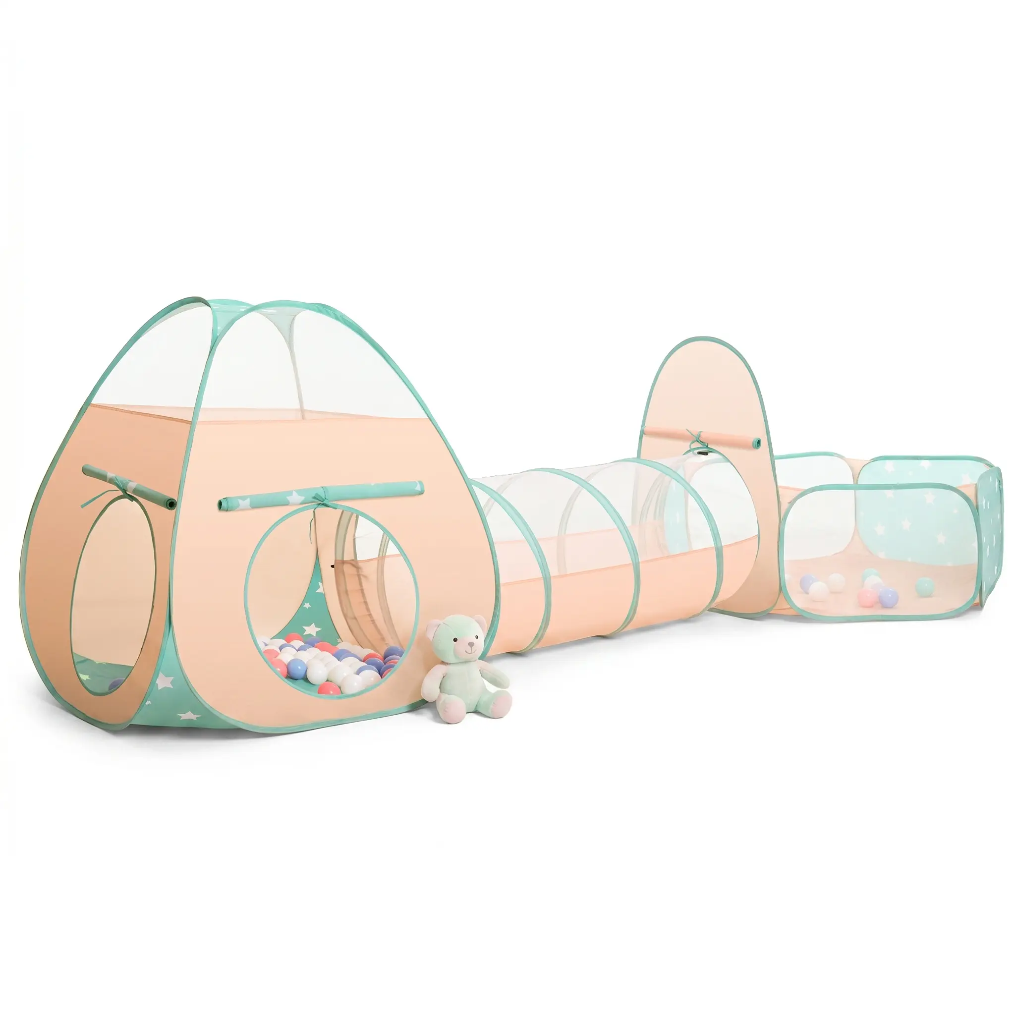 Apojungle Kids Play Tent, Crawl Tunnel & Ball Pit 3-in-1 Pop Up Playset, Foldable with Mesh Panels for Indoor Outdoor Play, Orange Green Star, Polyester, 110 x 44.5 x 37 in
