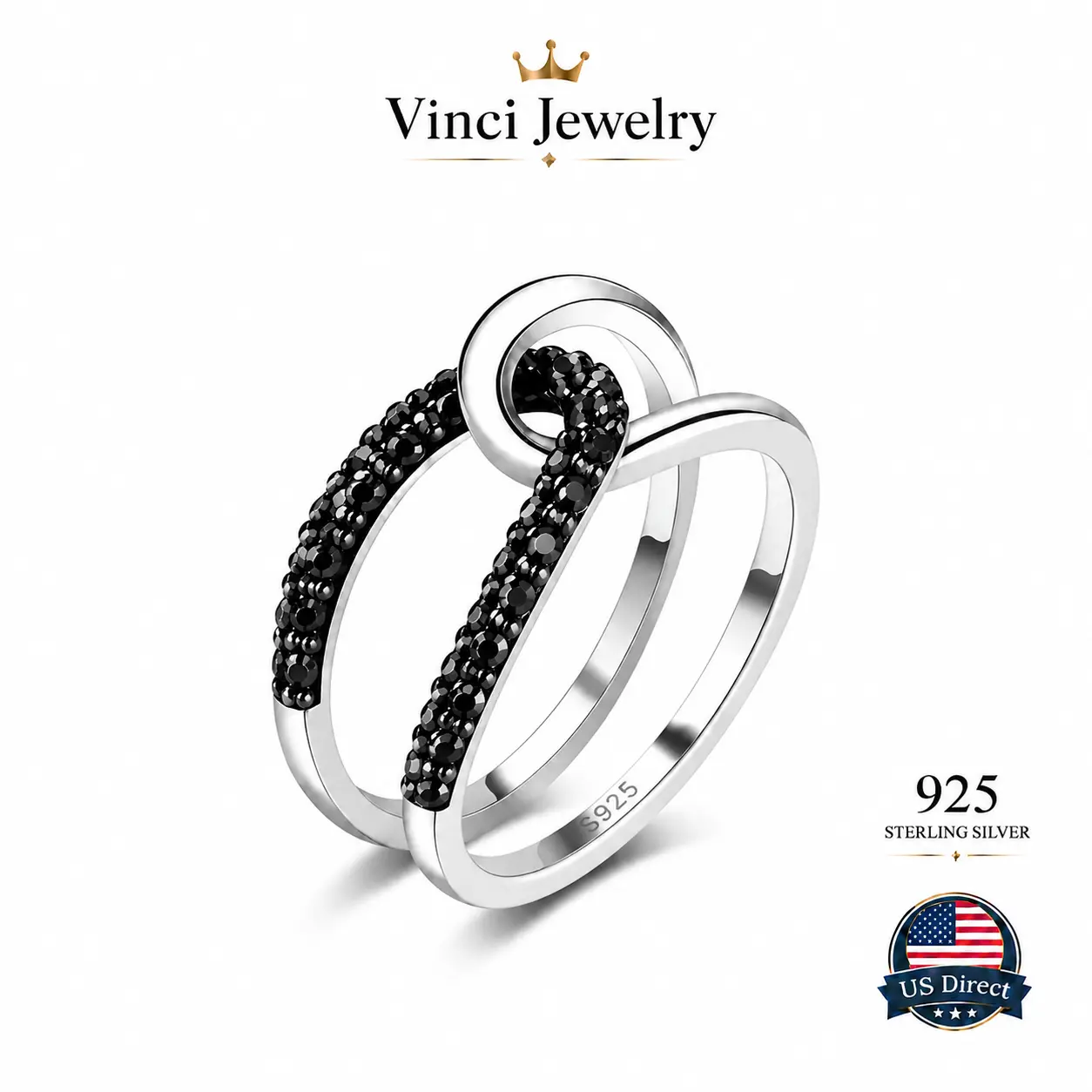 925 sterling silver Minimalist Black Stone Interlocking Twist Ring for Women Elegant Sterling Silver Ring Luxury Daily Wear Wedding Engagement Promise Jewelry Gift for Her Modern Chic Party Travel Office Style Trendy Fine Jewelry Anniversary Valentine