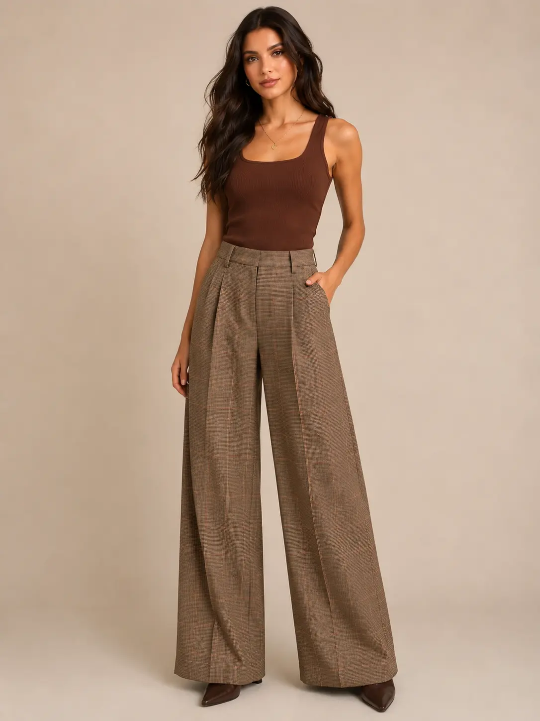 🧸🤎 Anthropologie Petites Brown Plaid Wide-Leg Trouser Pants | High Rise Tailored Relaxed Fit ✨ Petite Medium (MP)