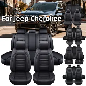 For Jeep Cherokee 2014-2023 5 Seater Car Seat Cover Full Set Front and Rear Cushion Protector Anti-Slip Mat Pad 5 Sits, Ice Silk/Linen/Napa/PU Leather
