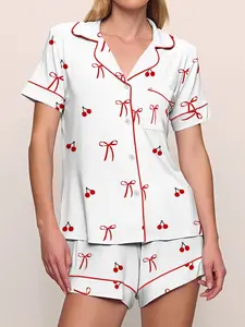 Women's Short Sleeve Sleepwear Set, Crystal Cherry Print, Soft Comfortable Casual Home Wear, Elastic Waist Design, All Seasons, Pajama Set