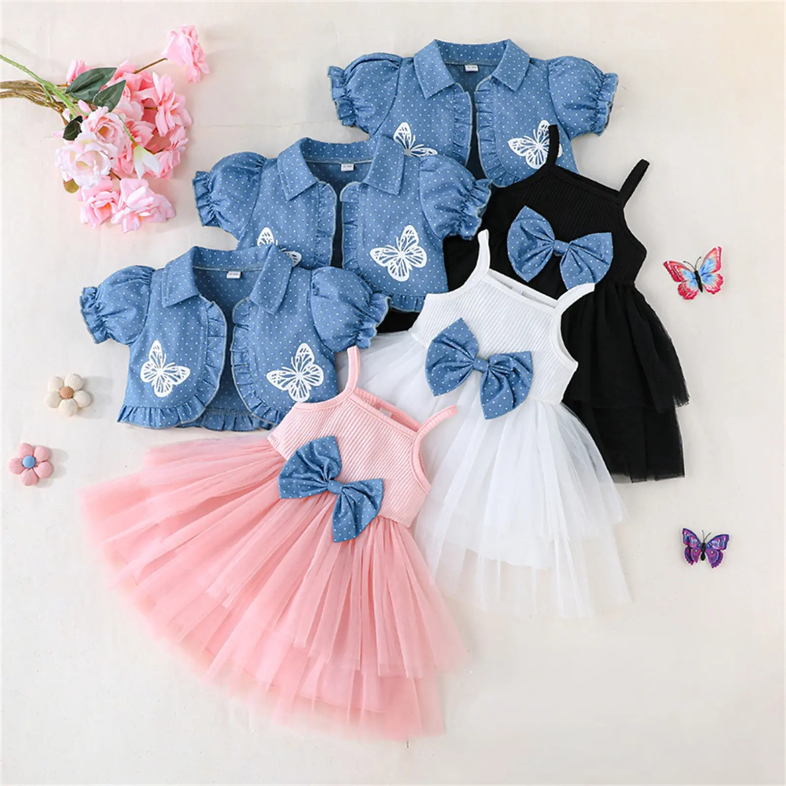 Toddler Girl Baby Summer Outfits Bow Print Denim Jacket Spaghetti Strap Princess Sleeveless Jean Tutu Skirts 2PCS