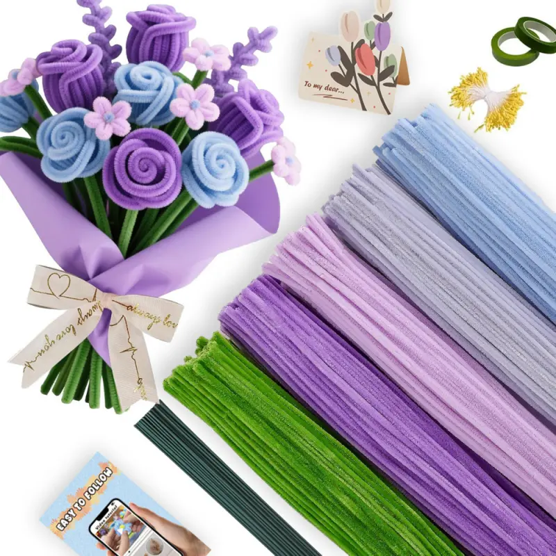 833-piece set, including bulk pipe cleaners, flower sticks, flower stems, tape, and greeting cards - upgraded DIY craft kit, suitable for Valentine's Day, Mother's Day, Christmas, graduation, and holiday gifts. Pipe cleaner flower kit Bouquet set