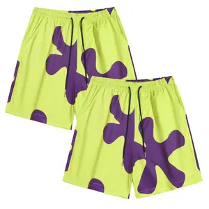 Men's Patrick Star Print Summer Gym Shorts, 2 Pack Athletic Workout Shorts with Pockets, Casual Knee Length Sports Shorts