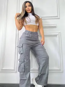 Women's Plain Pocket Cargo Pants, Casual Streetwear Wide Leg Trousers for Daily Wear, Ladies Bottoms for All Seasons