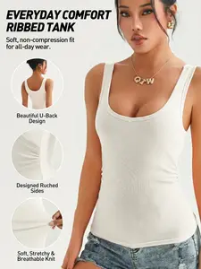 Women's Scoop Neck Basic Casual Fit Tank Tops Ribbed Wide Strap Sleeveless Shirts Workout Cami Tops