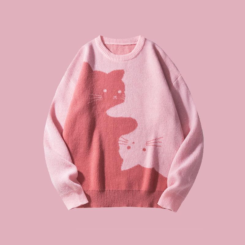 #Springfresh Love Men's Cartoon Cat Jacquard Round Neck Sweater Loose Casual Long Sleeve Knitted Sweater Autumn/Winter Fashion Men's Knitted Sweater Daily Wearing Pullover Top Same Style for Men and Women Party Leisure Halloween Academy Style Work Outdoor