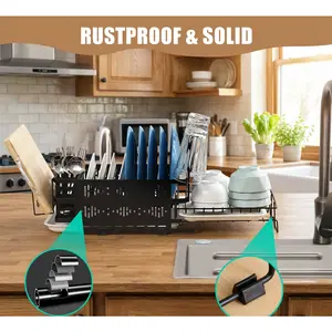 【HUOMAQFAN】 2-Tier Expandable Stainless Steel Dish Drying Rack, Kitchen Counter Organizer with Drying Tray, Cup Holder and Utensil Holder