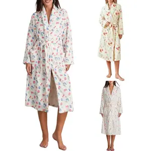 Women’s flannel dressing gown robe with floral/fruit print, cozy plush shawl collar, fuzzy fleece, warm bathrobe for hotel/spa/party, kimono robe with belt, cute flannel robes (gift)